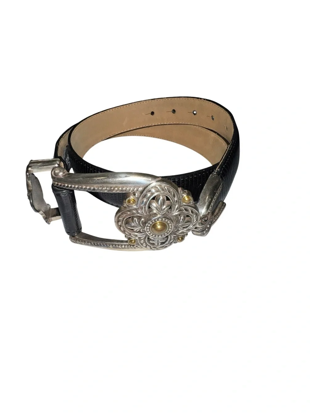 Brighton black snake skin style belt with intricate silver buckle.